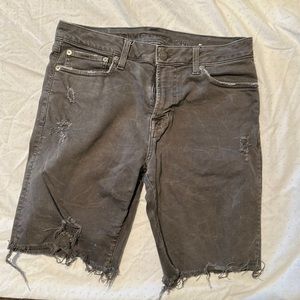 American Eagle Jean shorts, charcoal gray, distressed and tattered by design.